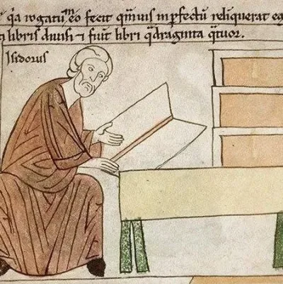 Isidoro de Sevilha segurando um livro (iluminura medieval)