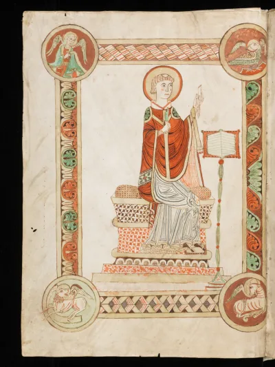 Beda escrevendo a História Eclesiástica (manuscrito iluminado)