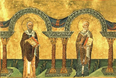 Atanásio e Cirilo de Alexandria — Menológio de Basílio II (c. 985)